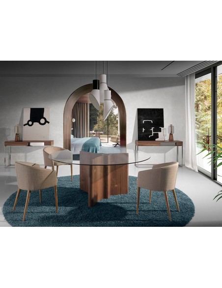 Ángel Cerdá 4007. Silla NASSOR, tela marrón y madera color Nogal.