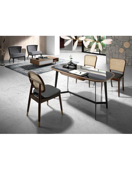 Ángel Cerdá 4094. Silla ZUBER, polipiel con rattan y madera color Nogal.