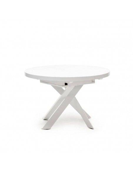 Mesa extensible redonda de cristal con MDF Vashti 120 (160) x 120 , base acero blanco