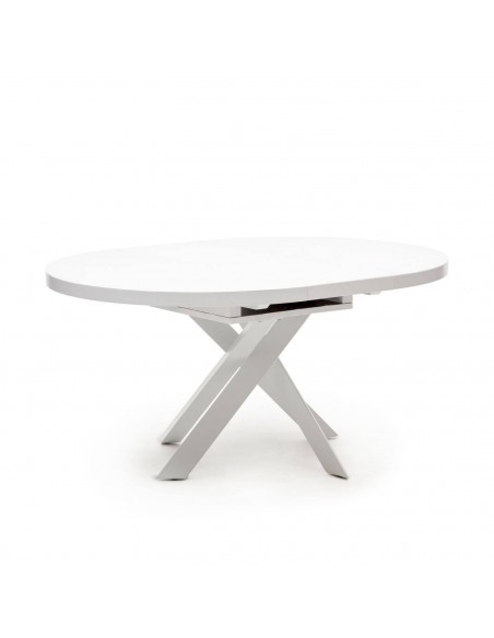 Mesa extensível redonda de vidro com MDF Vashti 120 (160) x 120, base em aço branco