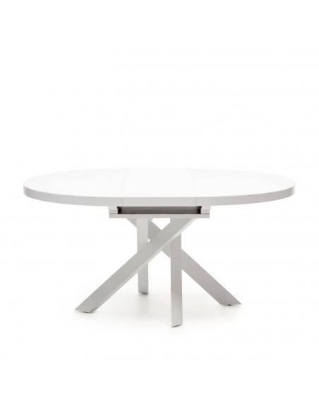 Mesa extensible redonda de cristal con MDF Vashti 120 (160) x 120 , base acero blanco