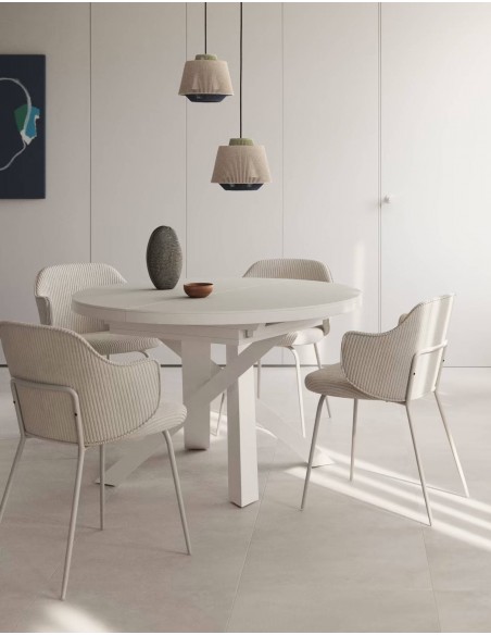 Mesa extensible redonda de cristal con MDF Vashti 120 (160) x 120 , base acero blanco