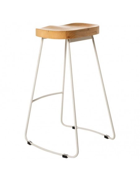 Taburete JOEL 66, metal blanco y asiento de madera natural