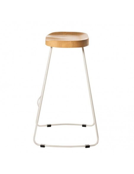 Taburete JOEL 66, metal blanco y asiento de madera natural