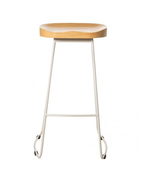 Banqueta JOEL 66, metal branco e assento de madeira natural
