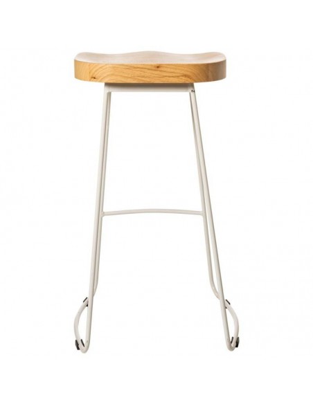 Taburete JOEL 66, metal blanco y asiento de madera natural