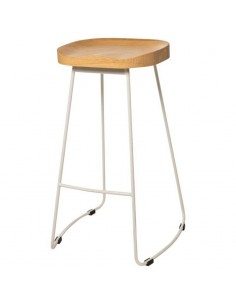 Banqueta JOEL 66, metal branco e assento de madeira natural