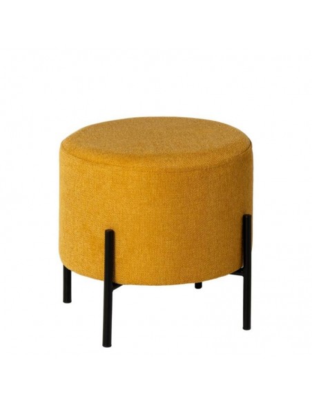 Puff redondo HERMAN 40, tela mostaza y metal negro.