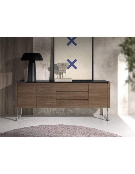 APARADOR moderno Giant 200x50, NOGAL Y CRISTAL NEGRO