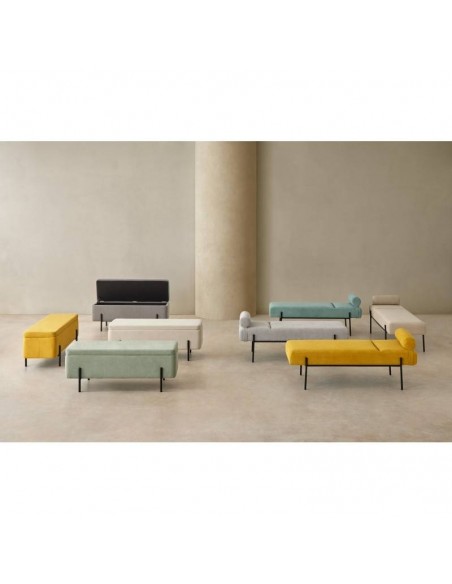 Banqueta con almacenaje VIENA 120 x 41, tela beige y metal negro