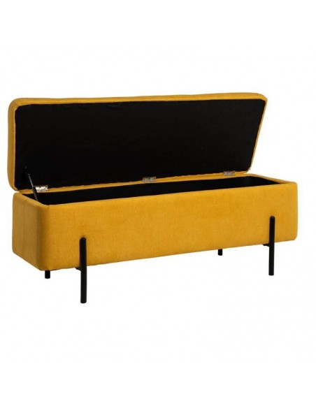 Banqueta con almacenaje VIENA 120 x 41, tela mostaza y metal negro
