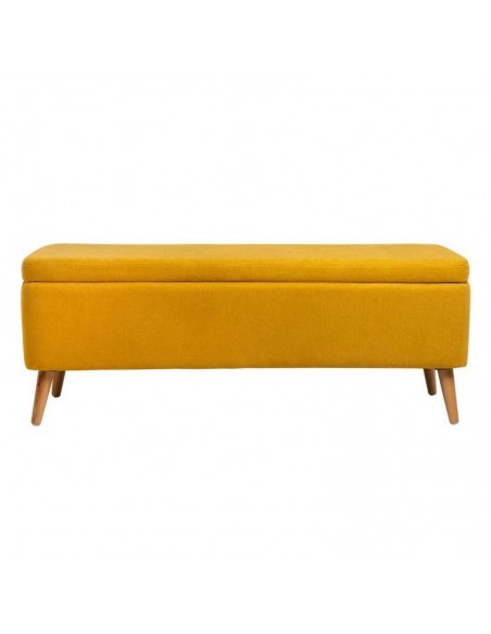 Banqueta con almacenaje ZURICH 120 x 42, tela mostaza y madera.