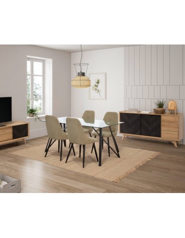 Silla de comedor MANI, tejido verde y metal negro.