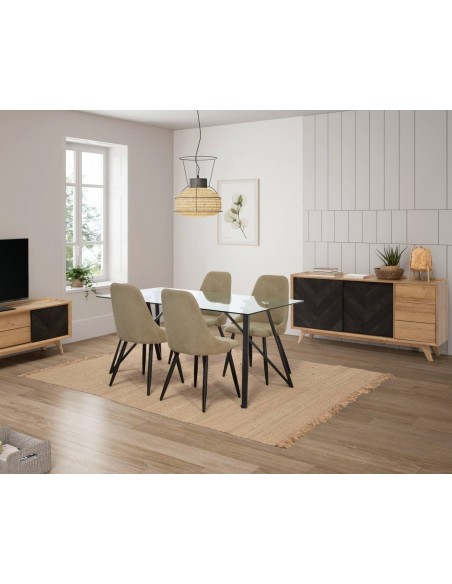 Cadeira de jantar MANI, tecido verde e metal preto.