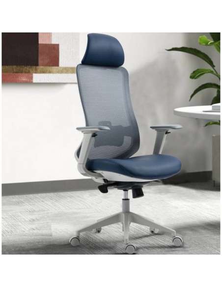 Poltrona de escritório Confort S-Plus, ergonômica, multifuncional, malha e assento azul com cinza