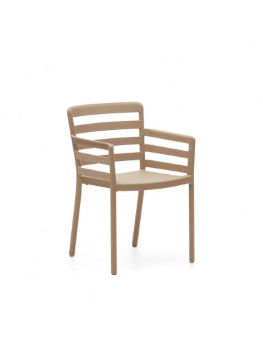 Cadeira exterior de plástico para empilhável bege Nariet com braços.