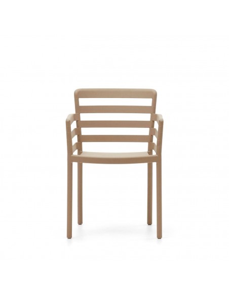 Cadeira exterior de plástico para empilhável bege Nariet com braços.