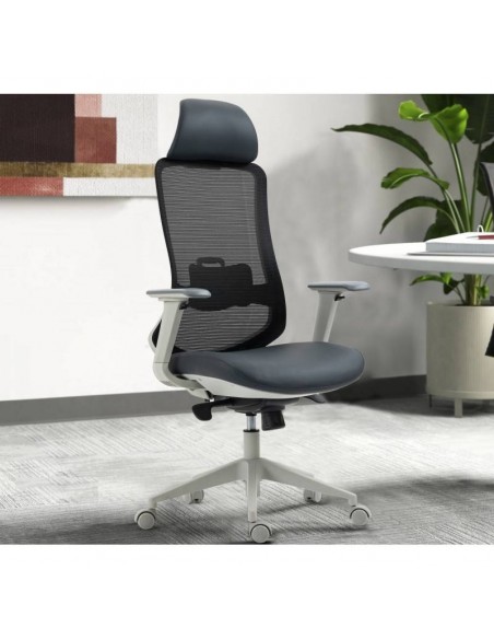Sillón de oficina Confort S-Plus, ergonómico, multifunción, malla y asiento negro con gris