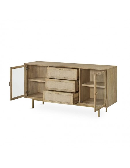 Aparador ANDES 160 x 45, madera natural y metal dorado.