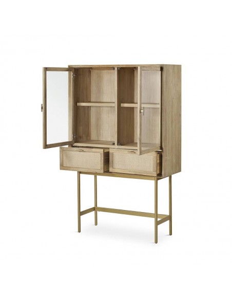 Vitrina alta en cubo ANDES 100 x 40, madera natural y metal dorado.