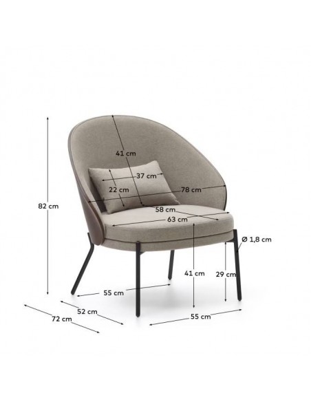 Sillón Eamy marrón claro, chapado en fresno acabado wengué y metal