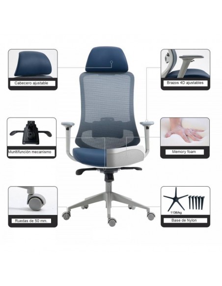 Sillón de oficina Confort S-Plus, ergonómico, multifunción, malla y asiento azul