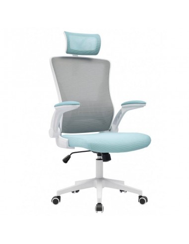 Sillón de oficina TAURO, alto, blanco, malla gris, asiento azul