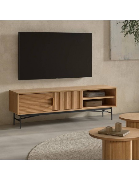 Móvel TV REUS 160 x 40, madeira natural e metal preto.