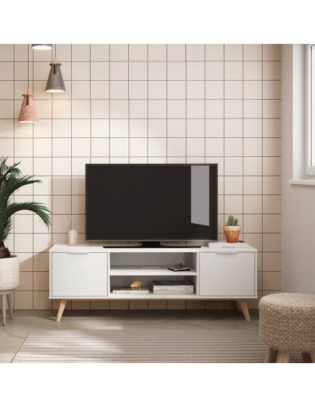 MÓVEL DE TV CAMPUS 140 x 40, BRANCO e PINHO CERA BRANCA.