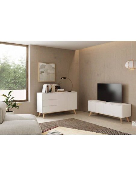 MUEBLE TV CON 4 PUERTAS CAMPUS 140 x 40, BLANCO y pino CERA