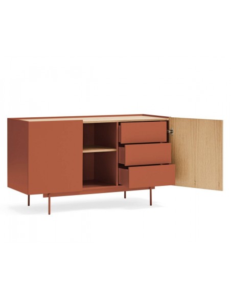 Teulat aparador OTTO 130 x 45. MDF teja y roble, base de metal.