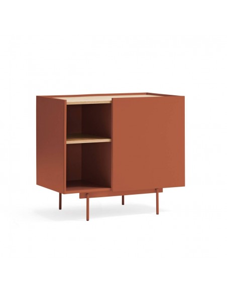 Teulat comoda OTTO 90 x 45. MDF teja y roble, base de metal.