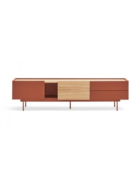 Teulat mueble de Tv OTTO 180 x 40, MDF lacado teja y roble.