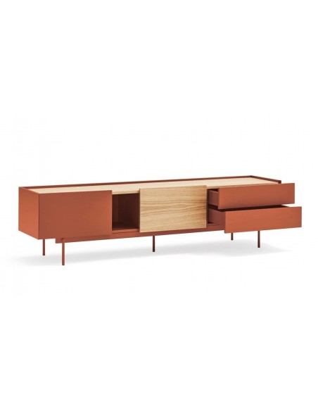Teulat mueble de Tv OTTO 180 x 40, MDF lacado teja y roble.