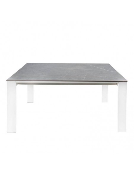Mesa extensible JANET 140 (190-240) x 90. Porcelánico gris y base de metal blanco.