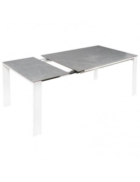 Mesa extensível JANET 140 (190-240) x 90. Porcelânico cinza e base metálica branca.