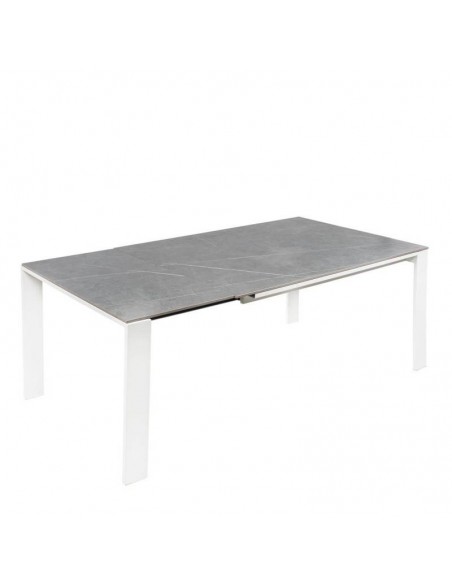 Mesa extensible JANET 140 (190-240) x 90. Porcelánico gris y base de metal blanco.