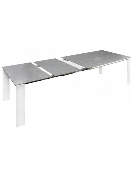 Mesa extensible JANET 140 (190-240) x 90. Porcelánico gris y base de metal blanco.