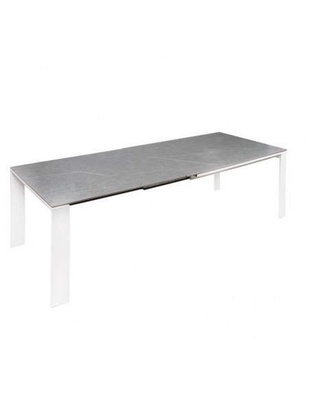 Mesa extensible JANET 140 (190-240) x 90. Porcelánico gris y base de metal blanco.
