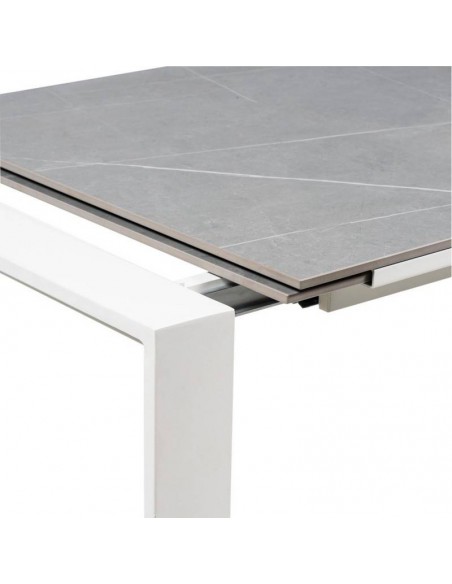 Mesa extensível JANET 140 (190-240) x 90. Porcelânico cinza e base metálica branca.