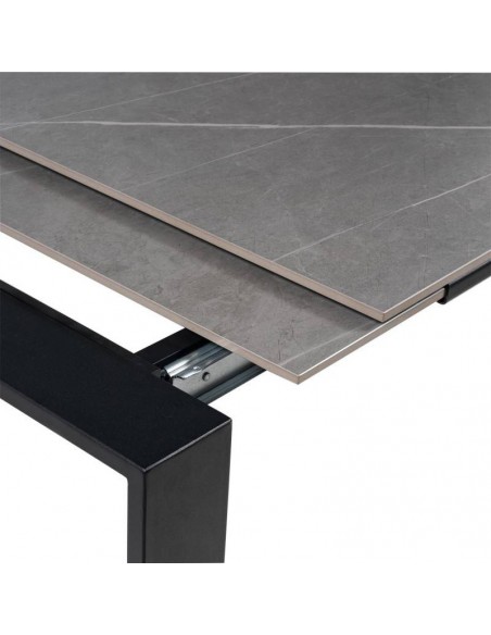 Mesa extensível JANET 140 (190-240) x 90. Porcelânico cinza e base metálica preto.