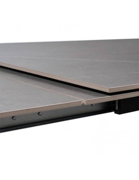 Mesa extensível JANET 140 (190-240) x 90. Porcelânico cinza e base metálica preto.
