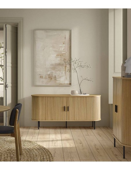 Aparador URSE 160 x 40, madera natural y metal en negro.