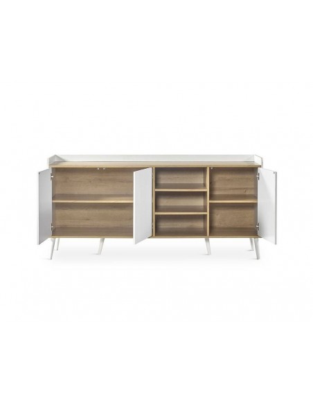 Aparador LAYLA 180 x 45, melamina en blanco y roble, patas de madera.