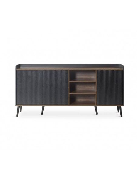 Aparador DOVER 180 x 45, melamina en negro y nogal, patas de madera.