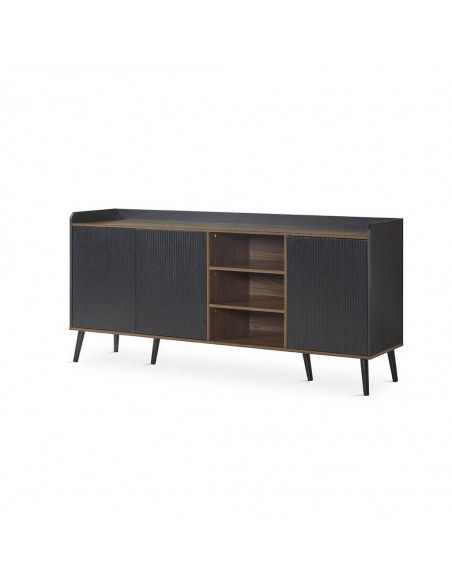 Aparador DOVER 180 x 45, melamina en negro y nogal, patas de madera.