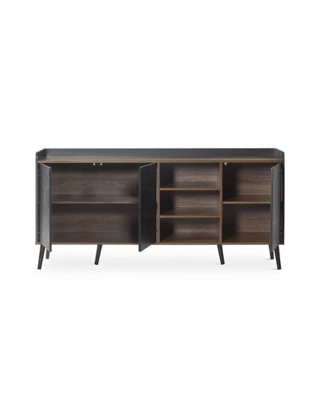 Aparador DOVER 180 x 45, melamina en negro y nogal, patas de madera.