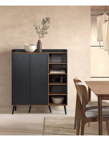 Aparador en cubo LAYLA 110 x 45, melamina nogal y negro, patas de madera.