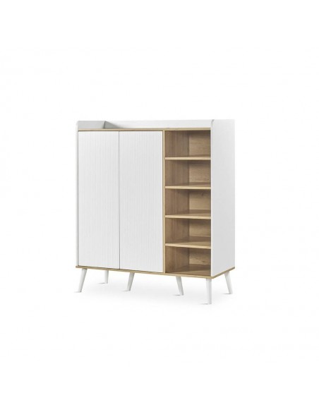 Aparador cubo LAYLA 110 x 45, melamina branco e carvalho, pés de madeira.