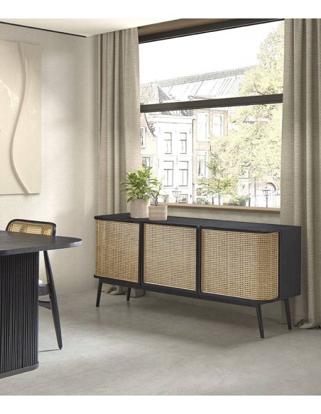 Aparador LEXUS 175 x 46, ratan y patas de madera en negro.
